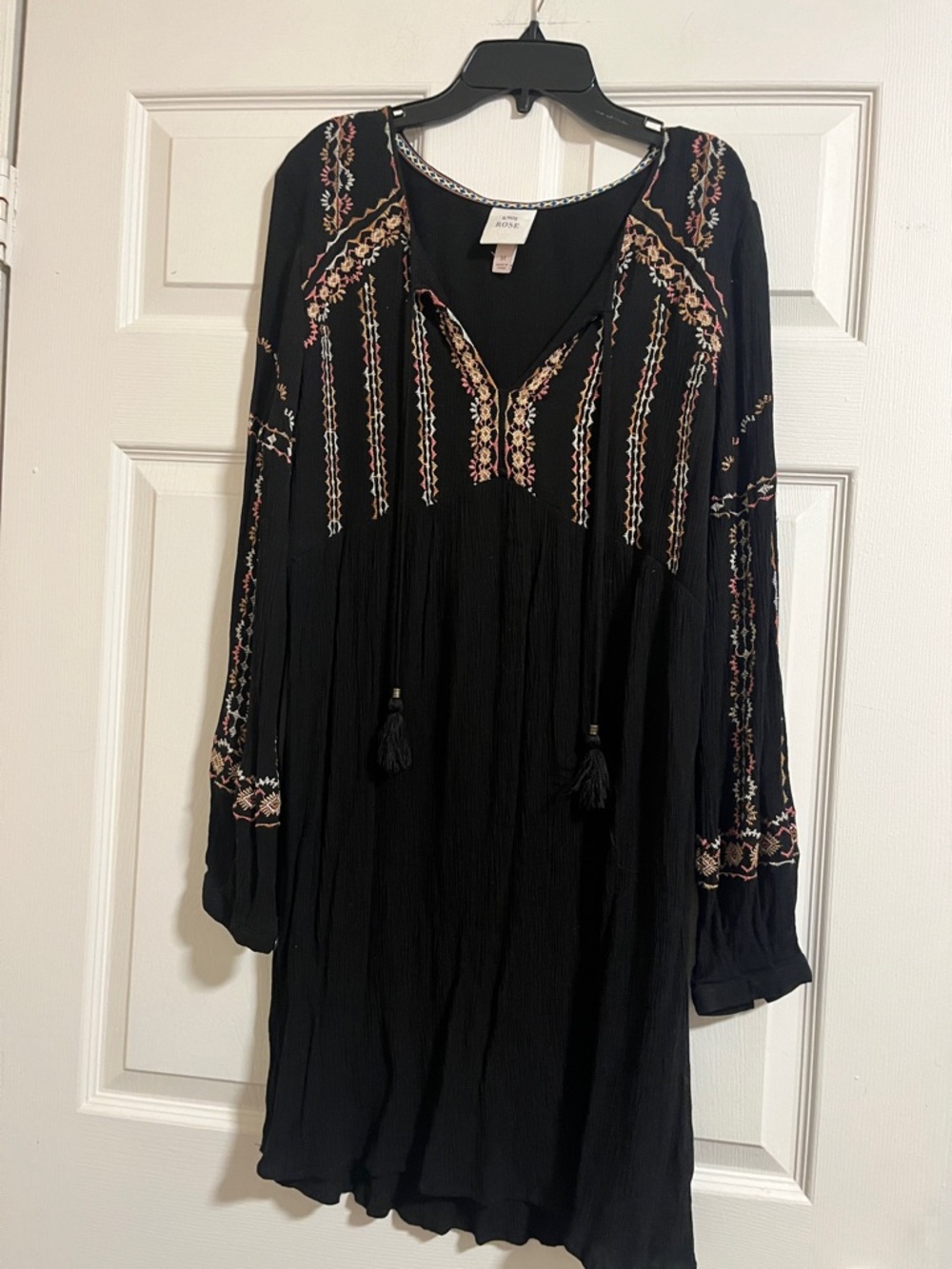 Knox Rose Black Boho Embroidered Long Sleeve Dress